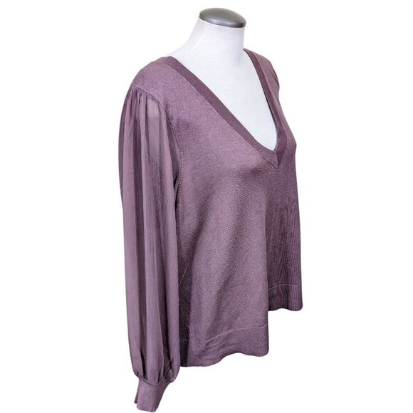 Womens Knit Sweater Plus 3X Mocha Mousse Brown V Neck Boho Sheer Balloon Sleeves - Picture 2 of 7